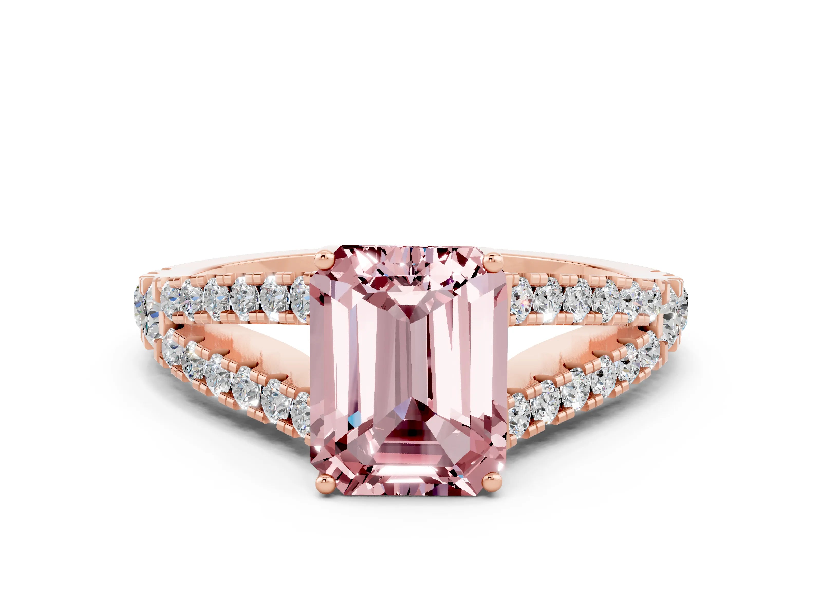 Rose gold Emerald Cut Cut Split Shank Pave Diamond Engagement Ring with Four-Prong Setting