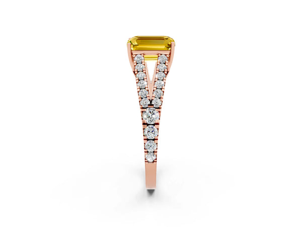 Rose gold Emerald Cut Yellow Sapphire Split Shank Engagement Ring with Round Pavé and Prong Setting