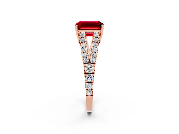 Rose gold Emerald Cut Ruby Split Shank Engagement Ring with Round Pavé and Prong Setting