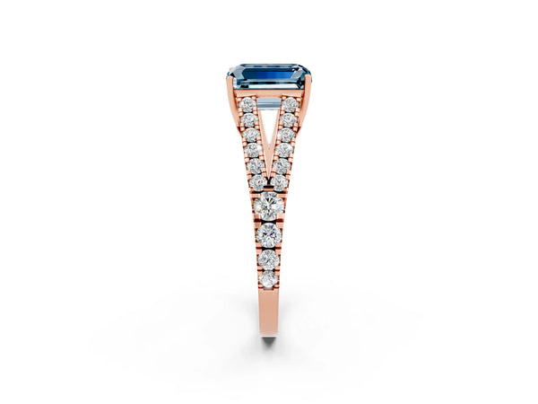 Rose gold Emerald Cut Aquamarine Split Shank Engagement Ring with Round Pavé and Prong Setting