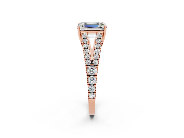 Rose gold Emerald Cut Moissanite Split Shank Engagement Ring with Round Pavé and Prong Setting