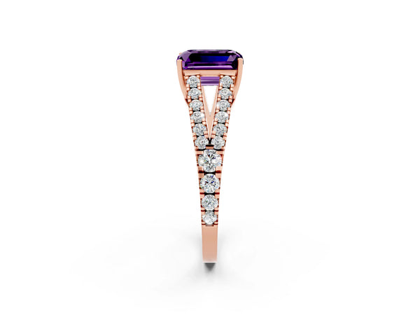 Rose gold Emerald Cut Amethyst Split Shank Engagement Ring with Round Pavé and Prong Setting