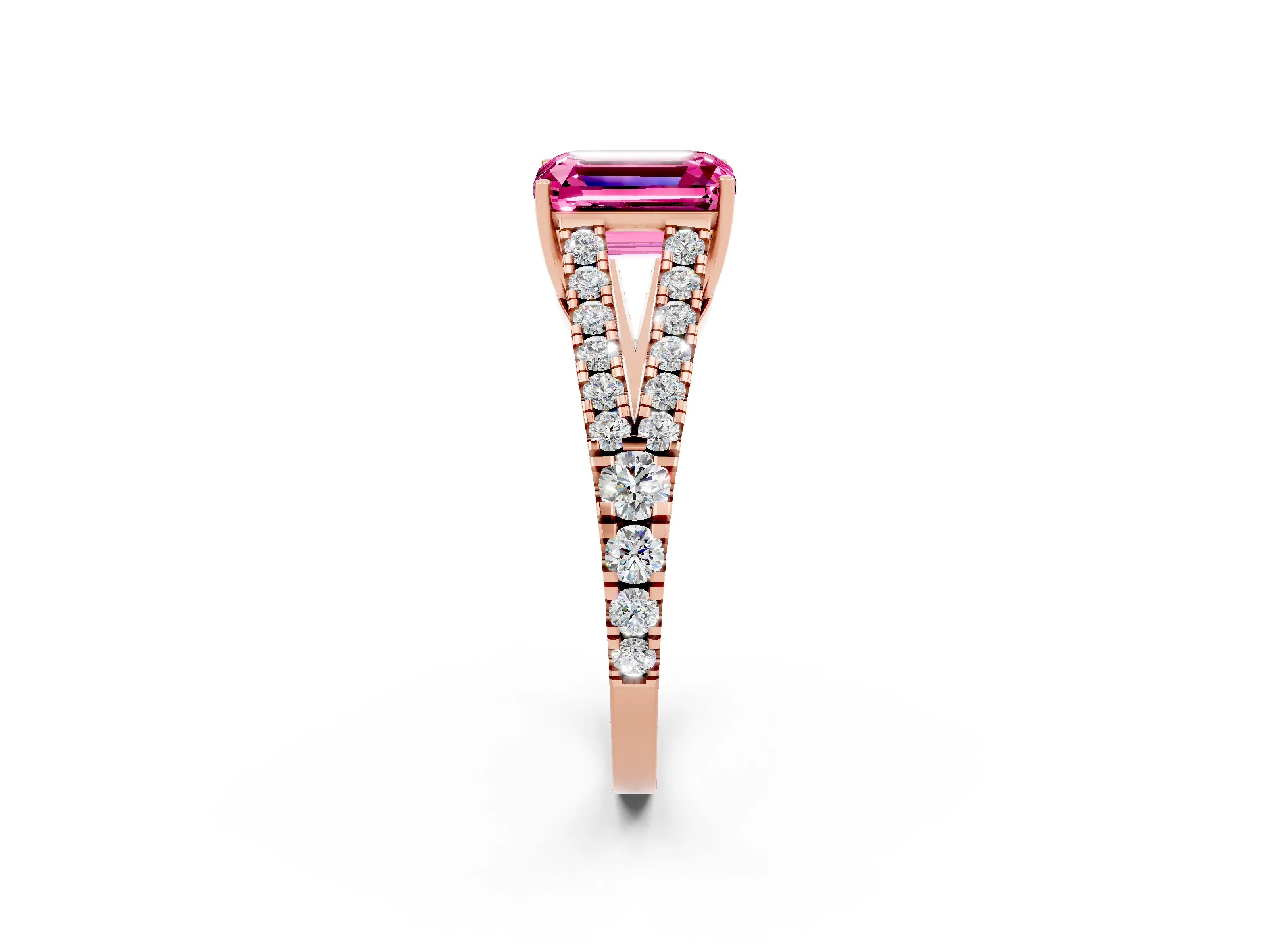 Rose gold Emerald Cut Cut Split Shank Pave Diamond Engagement Ring with Four-Prong Setting_2