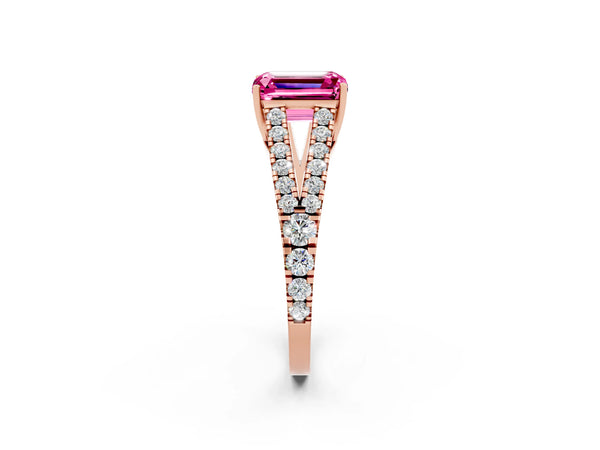 Rose gold Emerald Cut Pink Sapphire Split Shank Engagement Ring with Round Pavé and Prong Setting