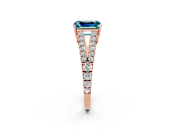 Rose gold Emerald Cut Cut Split Shank Pave Diamond Engagement Ring with Four-Prong Setting