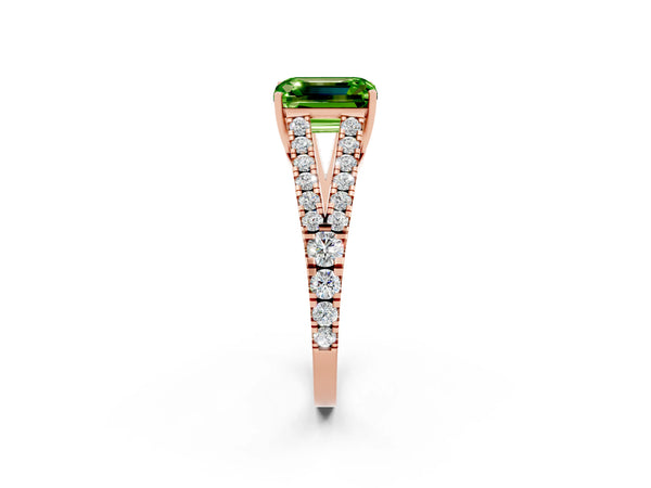 Rose gold Emerald Cut Cut Split Shank Pave Diamond Engagement Ring with Four-Prong Setting