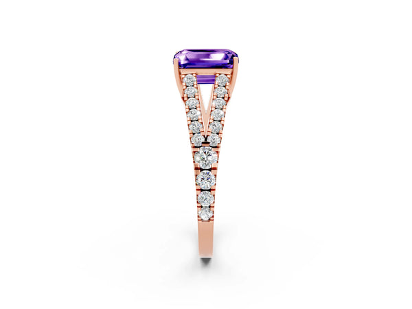 Rose gold Emerald Cut Tanzanite Split Shank Engagement Ring with Round Pavé and Prong Setting