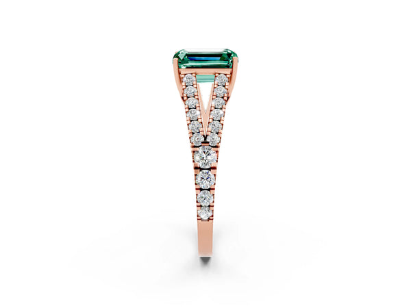 Rose gold Emerald Cut Green Sapphire Split Shank Engagement Ring with Round Pavé and Prong Setting