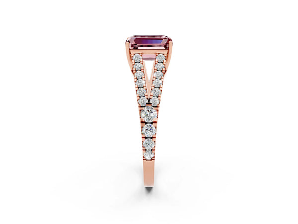 Rose gold Emerald Cut Cut Split Shank Pave Diamond Engagement Ring with Four-Prong Setting