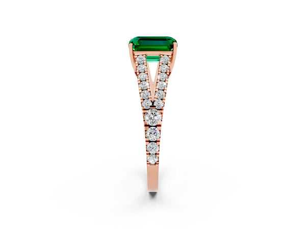 Rose gold Emerald Cut Emerald Split Shank Engagement Ring with Round Pavé and Prong Setting