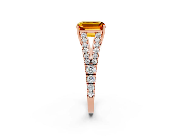 Rose gold Emerald Cut Citrine Split Shank Engagement Ring with Round Pavé and Prong Setting