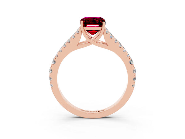 Rose gold Emerald Cut Garnet Split Shank Engagement Ring with Round Pavé and Prong Setting