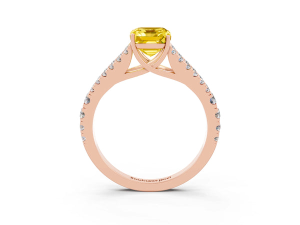 Rose gold Emerald Cut Yellow Sapphire Split Shank Engagement Ring with Round Pavé and Prong Setting
