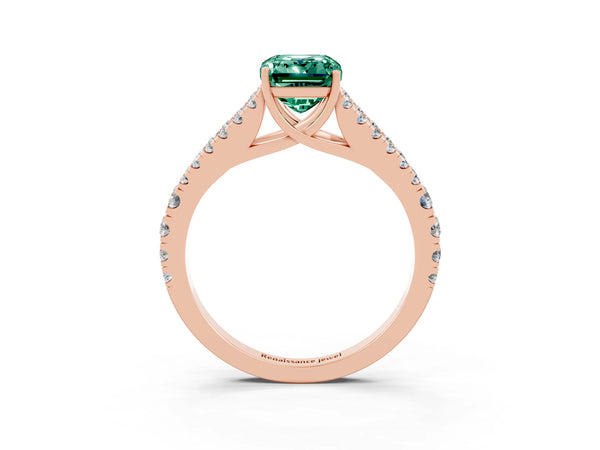 Rose gold Emerald Cut Green Sapphire Split Shank Engagement Ring with Round Pavé and Prong Setting