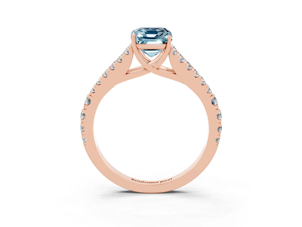 Rose gold Emerald Cut Aquamarine Split Shank Engagement Ring with Round Pavé and Prong Setting