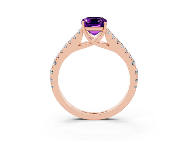 Rose gold Emerald Cut Amethyst Split Shank Engagement Ring with Round Pavé and Prong Setting