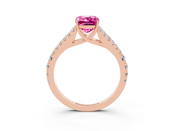 Rose gold Emerald Cut Pink Sapphire Split Shank Engagement Ring with Round Pavé and Prong Setting