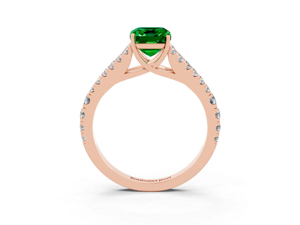 Rose gold Emerald Cut Emerald Split Shank Engagement Ring with Round Pavé and Prong Setting
