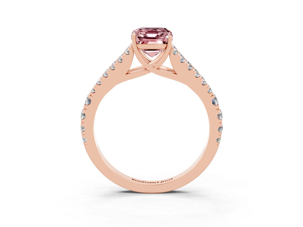 Rose gold Emerald Cut Cut Split Shank Pave Diamond Engagement Ring with Four-Prong Setting