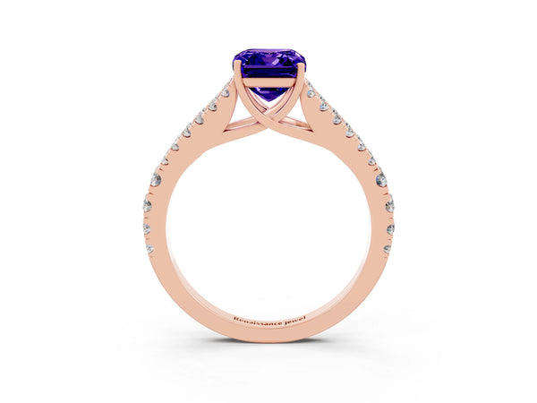 Rose gold Emerald Cut Tanzanite Split Shank Engagement Ring with Round Pavé and Prong Setting