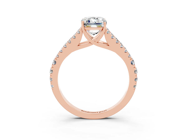 Rose gold Emerald Cut Moissanite Split Shank Engagement Ring with Round Pavé and Prong Setting