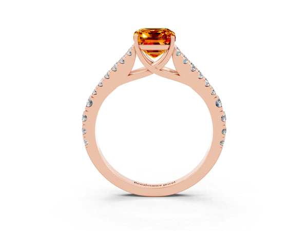 Rose gold Emerald Cut Citrine Split Shank Engagement Ring with Round Pavé and Prong Setting