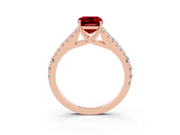 Rose gold Emerald Cut Ruby Split Shank Engagement Ring with Round Pavé and Prong Setting