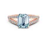 Rose gold Emerald Cut Cut Split Shank Pave Diamond Engagement Ring with Four-Prong Setting
