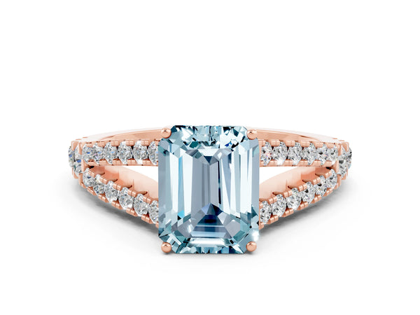 Rose gold Emerald Cut Aquamarine Split Shank Engagement Ring with Round Pavé and Prong Setting