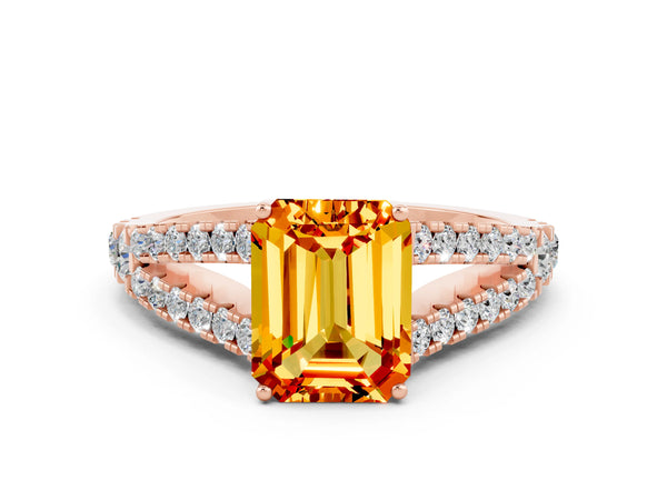 Rose gold Emerald Cut Citrine Split Shank Engagement Ring with Round Pavé and Prong Setting