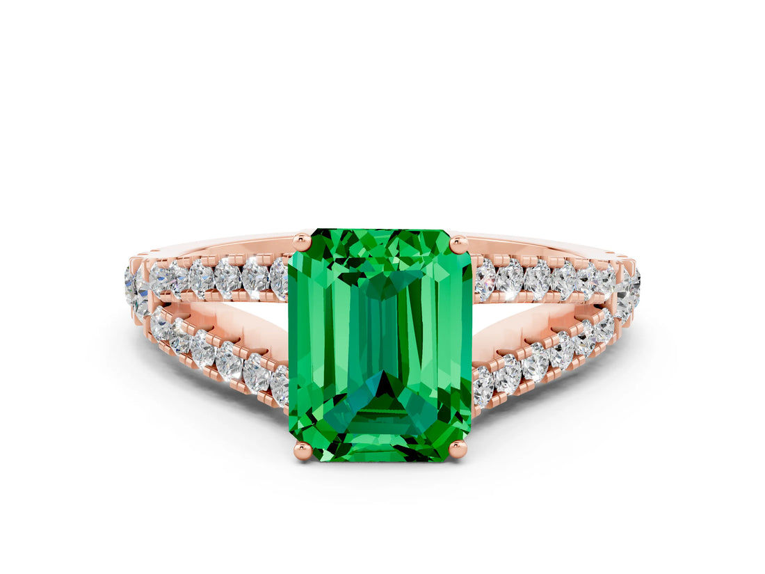 Rose gold Emerald Cut Cut Split Shank Pave Diamond Engagement Ring with Four-Prong Setting