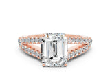 Rose gold Emerald Cut Cut Split Shank Pave Diamond Engagement Ring with Four-Prong Setting