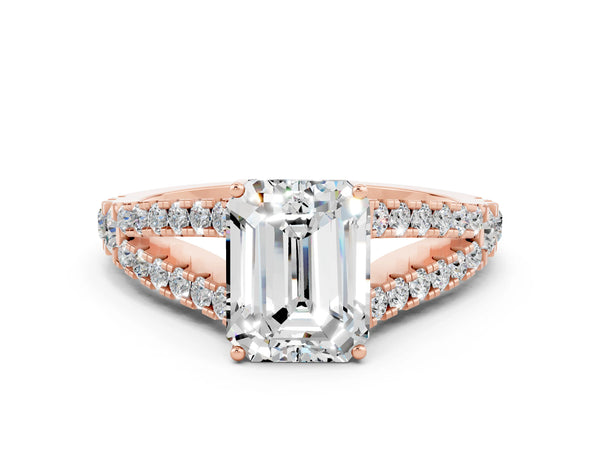 Rose gold Emerald Cut Moissanite Split Shank Engagement Ring with Round Pavé and Prong Setting