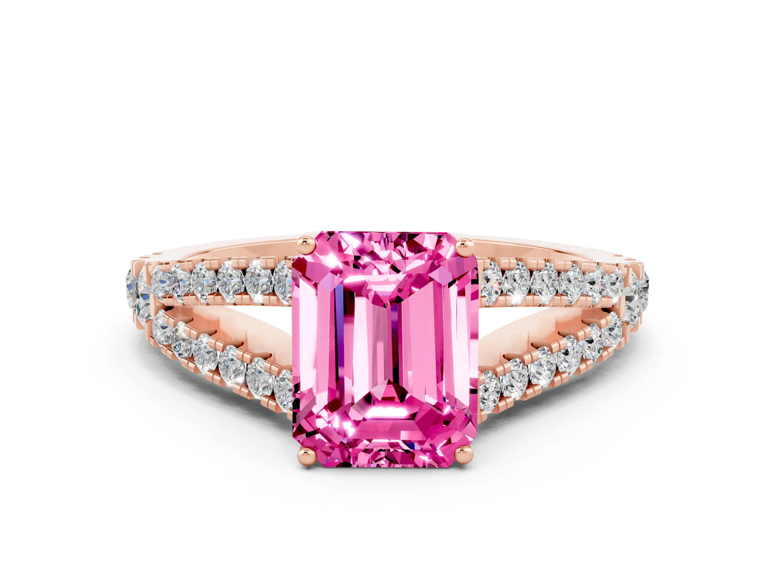 Rose gold Emerald Cut Cut Split Shank Pave Diamond Engagement Ring with Four-Prong Setting