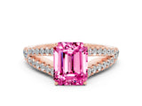 Rose gold Emerald Cut Cut Split Shank Pave Diamond Engagement Ring with Four-Prong Setting