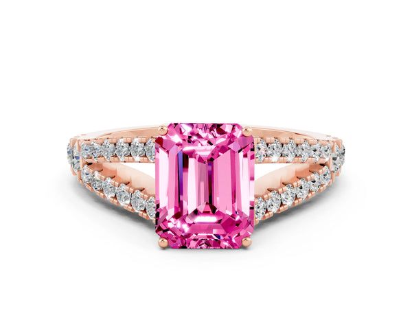 Rose gold Emerald Cut Pink Sapphire Split Shank Engagement Ring with Round Pavé and Prong Setting