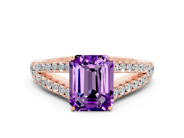 Rose gold Emerald Cut Amethyst Split Shank Engagement Ring with Round Pavé and Prong Setting