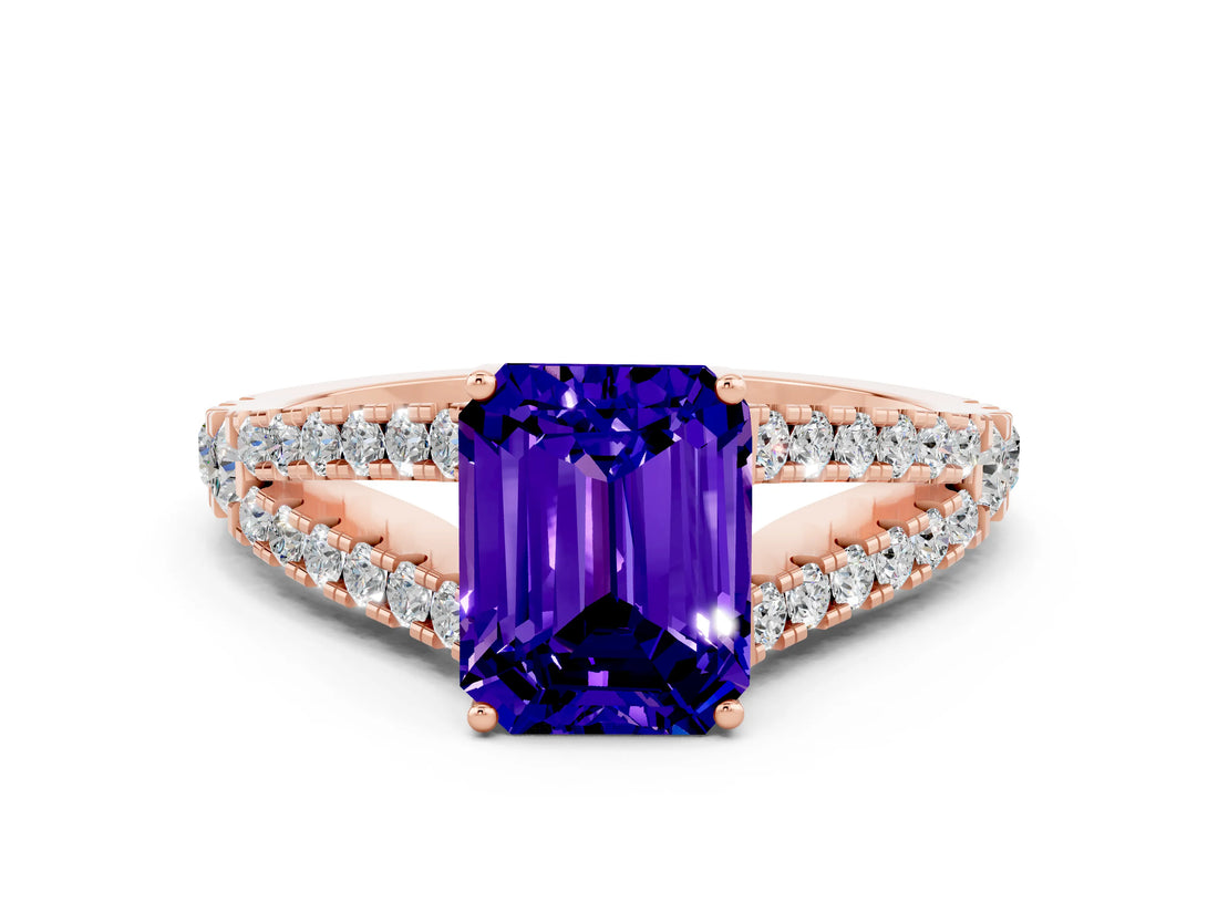 Rose gold Emerald Cut Cut Split Shank Pave Diamond Engagement Ring with Four-Prong Setting