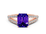 Rose gold Emerald Cut Cut Split Shank Pave Diamond Engagement Ring with Four-Prong Setting