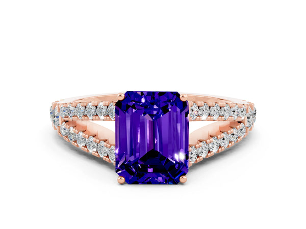 Rose gold Emerald Cut Tanzanite Split Shank Engagement Ring with Round Pavé and Prong Setting