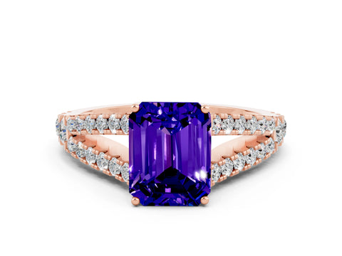 Rose gold Emerald Cut Cut Split Shank Pave Diamond Engagement Ring with Four-Prong Setting