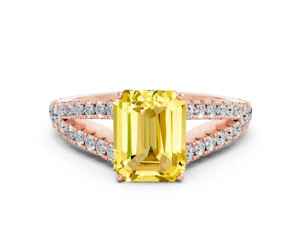 Rose gold Emerald Cut Yellow Sapphire Split Shank Engagement Ring with Round Pavé and Prong Setting
