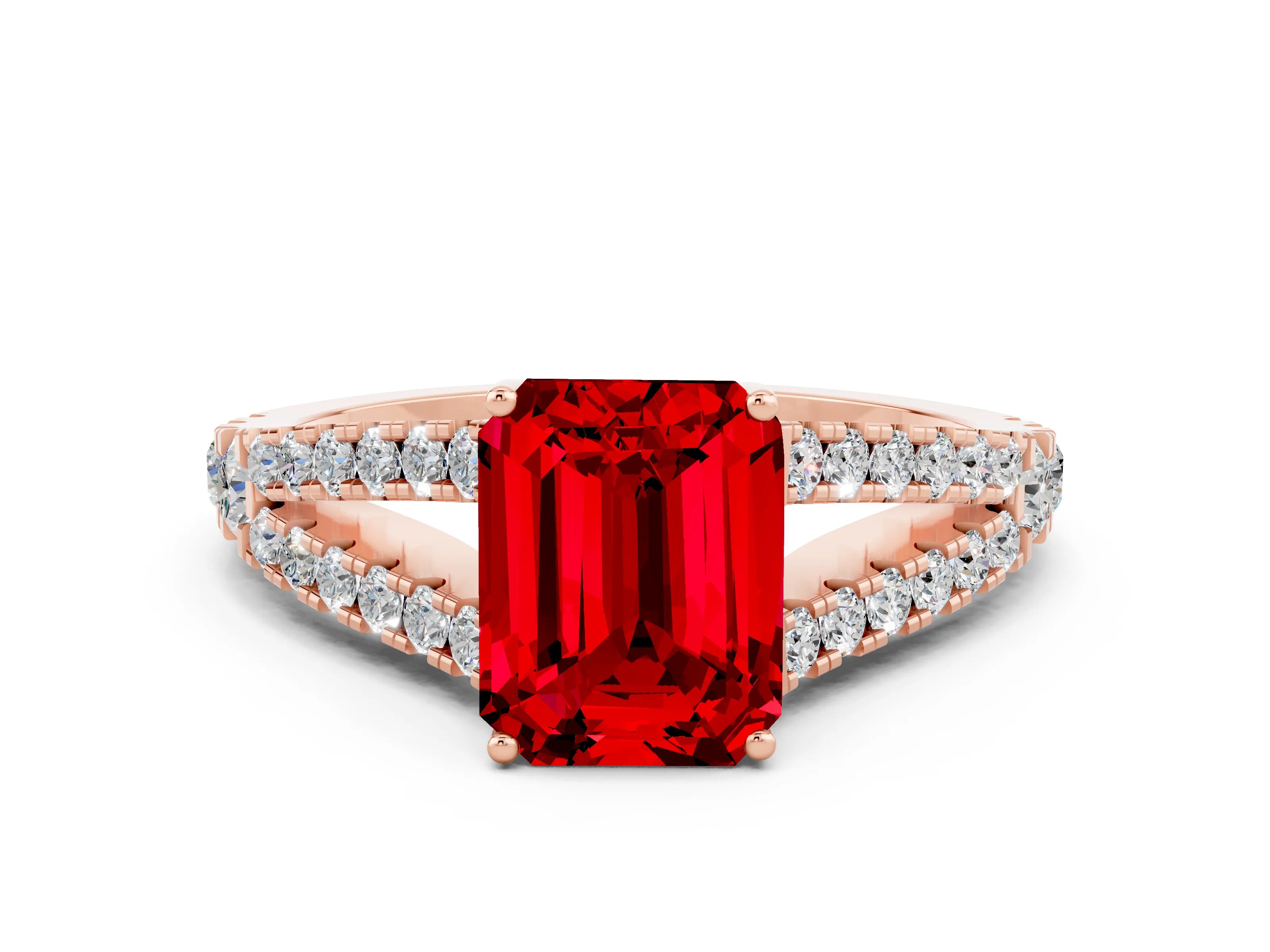 Rose gold Emerald Cut Cut Split Shank Pave Diamond Engagement Ring with Four-Prong Setting