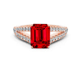 Rose gold Emerald Cut Cut Split Shank Pave Diamond Engagement Ring with Four-Prong Setting