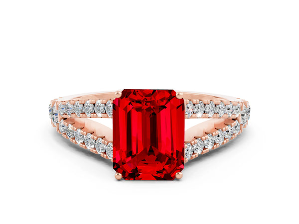 Rose gold Emerald Cut Ruby Split Shank Engagement Ring with Round Pavé and Prong Setting