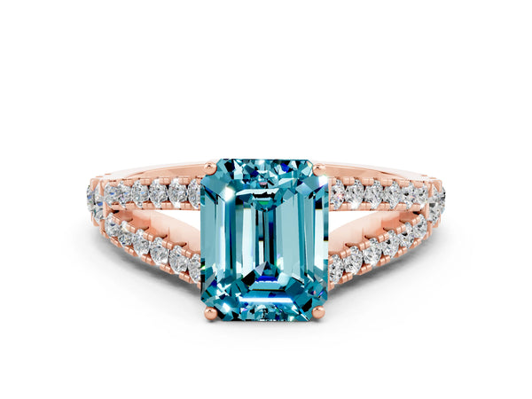 Rose gold Emerald Cut Cut Split Shank Pave Diamond Engagement Ring with Four-Prong Setting