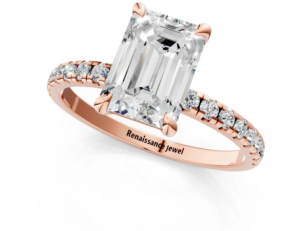 Rose gold Emerald Cut Diamond Brilliant Solitaire Ring with Pavé Band and Four-Prong Setting