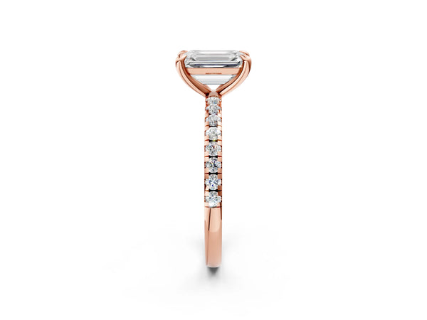 Rose gold Emerald Cut Diamond Brilliant Solitaire Ring with Pavé Band and Four-Prong Setting