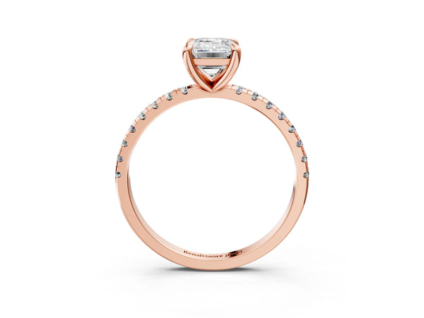Rose gold Emerald Cut Diamond Brilliant Solitaire Ring with Pavé Band and Four-Prong Setting
