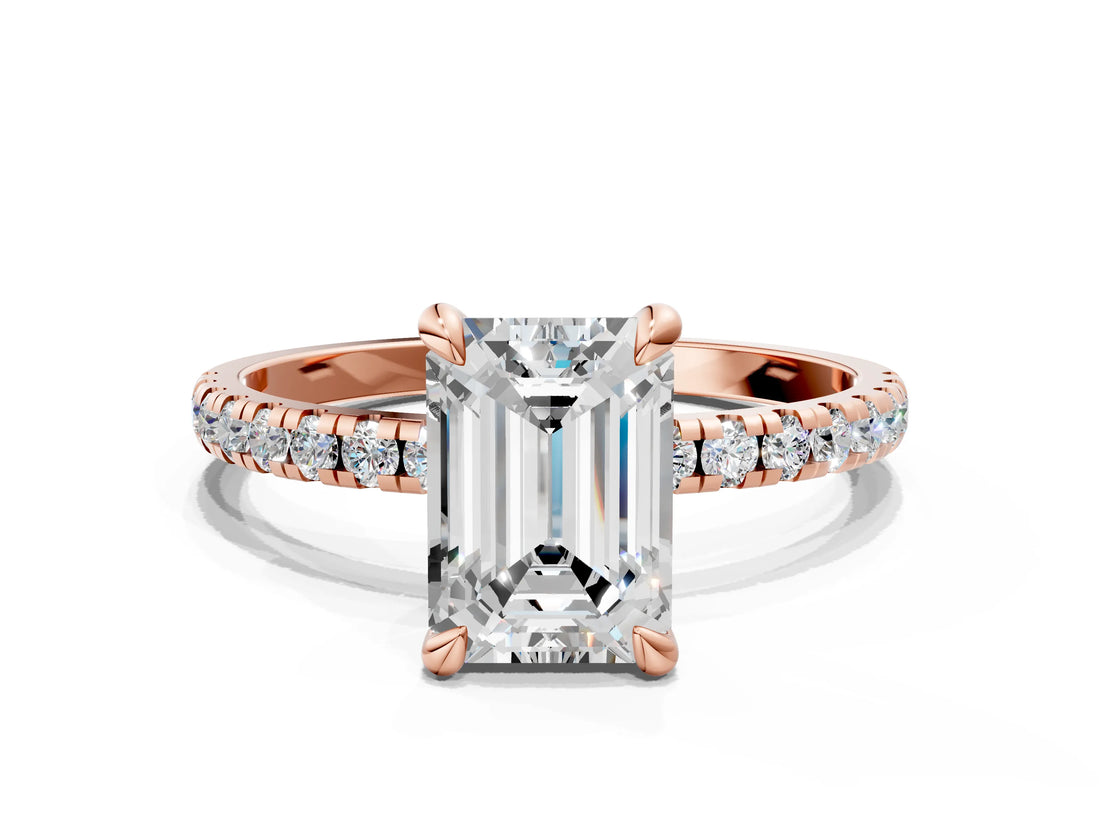 Rose gold Emerald Cut Diamond Brilliant Solitaire Ring with Pavé Band and Four-Prong Setting_638